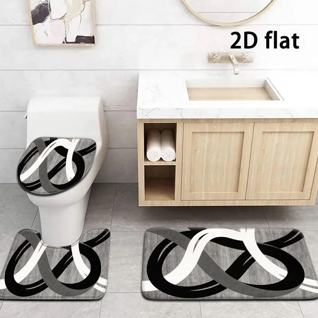 DearTex 4-Piece Flannel Bathroom Rug Set - Non-Slip & Absorbent (Grey/Black/White)