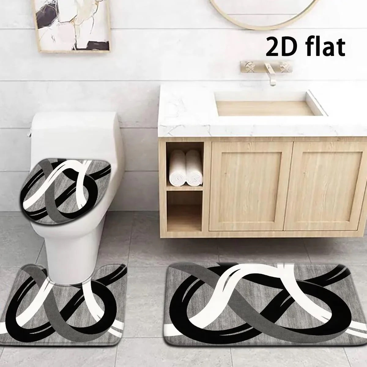 DearTex 4-Piece Flannel Bathroom Rug Set - Non-Slip & Absorbent (Grey/Black/White)