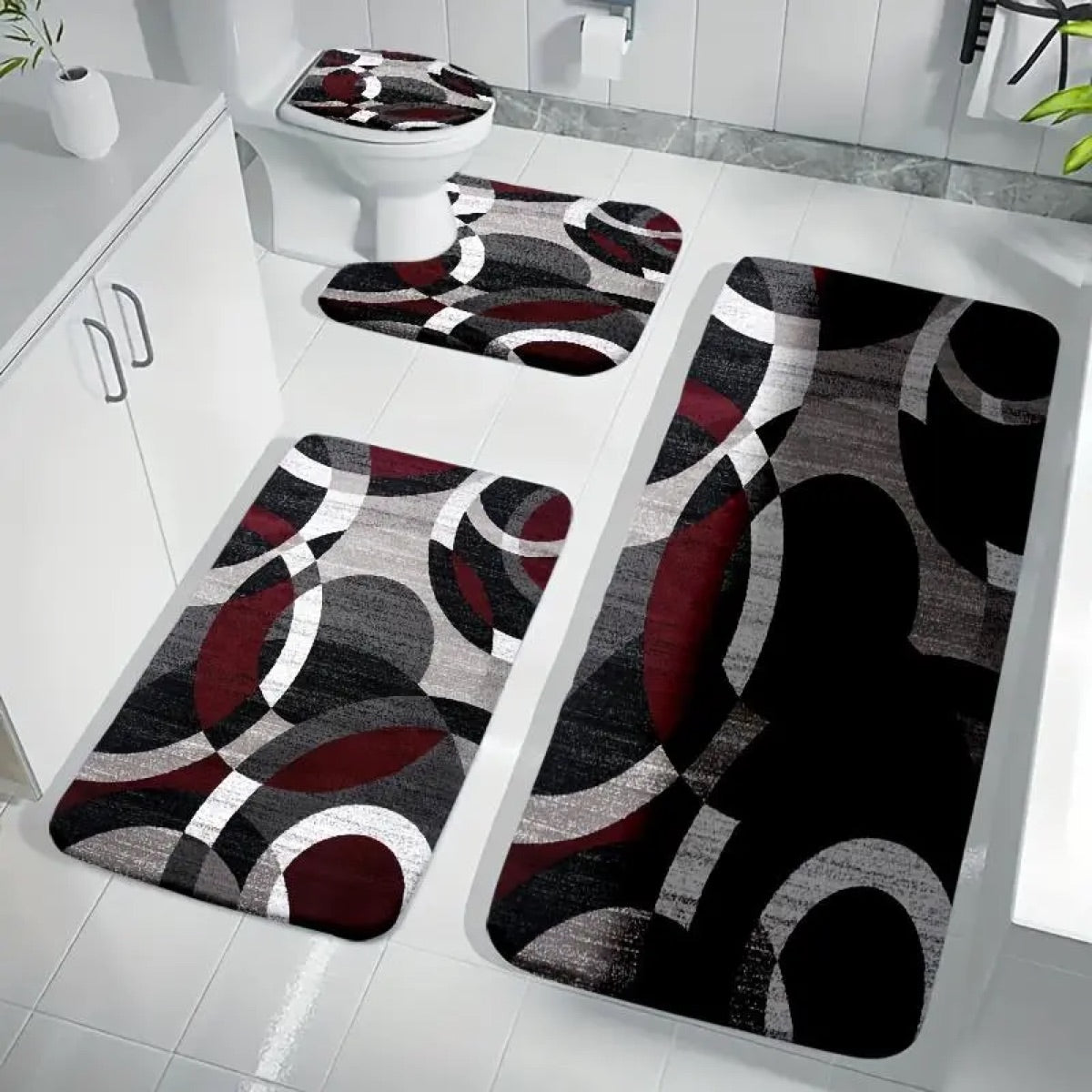 DearTex 4-Piece Flannel Bathroom Rug Set - Non-Slip & Absorbent (Grey/Black/White)