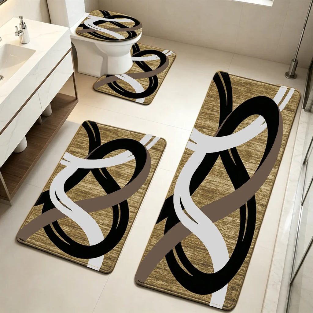 DearTex 4-Piece Flannel Bathroom Rug Set - Non-Slip & Absorbent (Grey/Black/White)