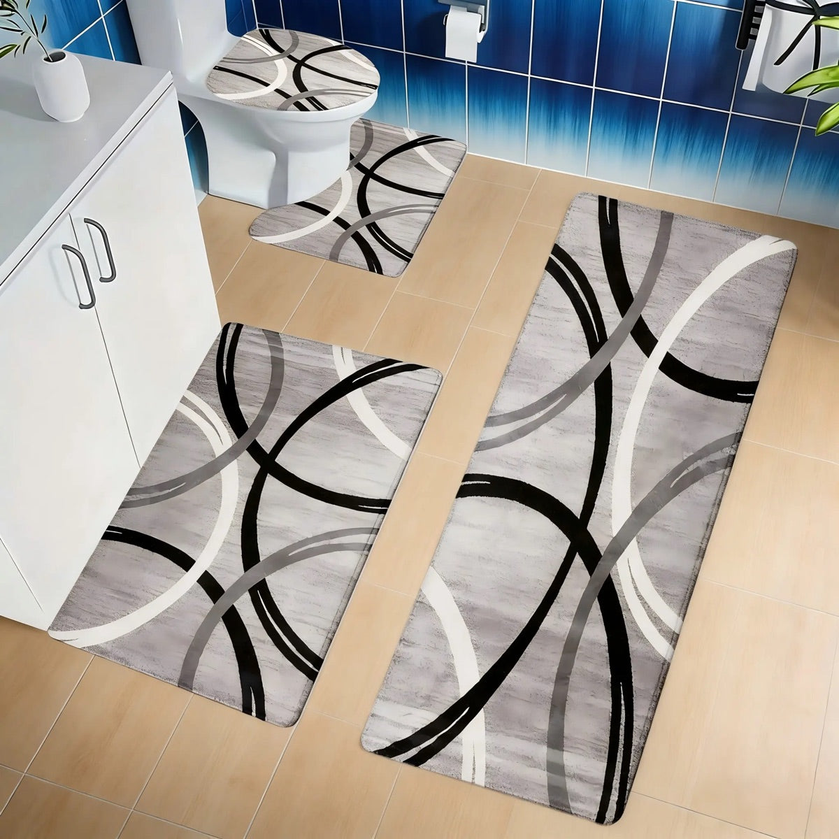 DearTex 4-Piece Flannel Bathroom Rug Set - Non-Slip & Absorbent (Grey/Black/White)