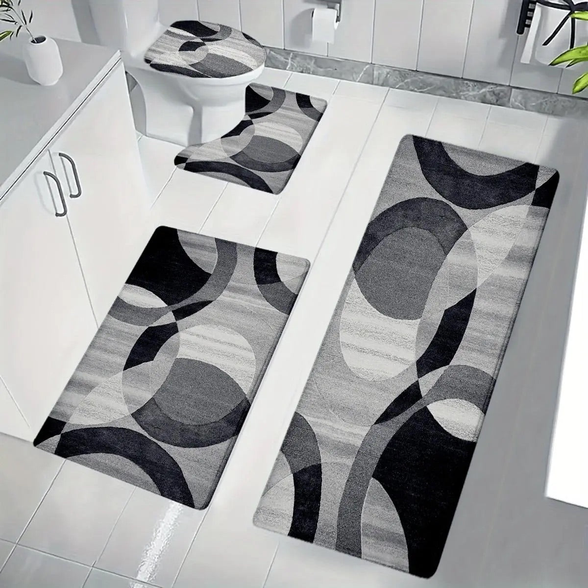 DearTex 4-Piece Flannel Bathroom Rug Set - Non-Slip & Absorbent (Grey/Black/White)