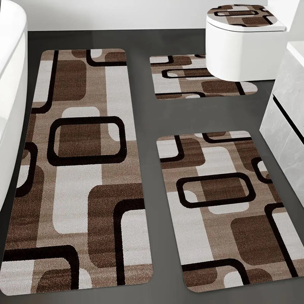 DearTex 4-Piece Flannel Bathroom Rug Set - Non-Slip & Absorbent (Grey/Black/White)