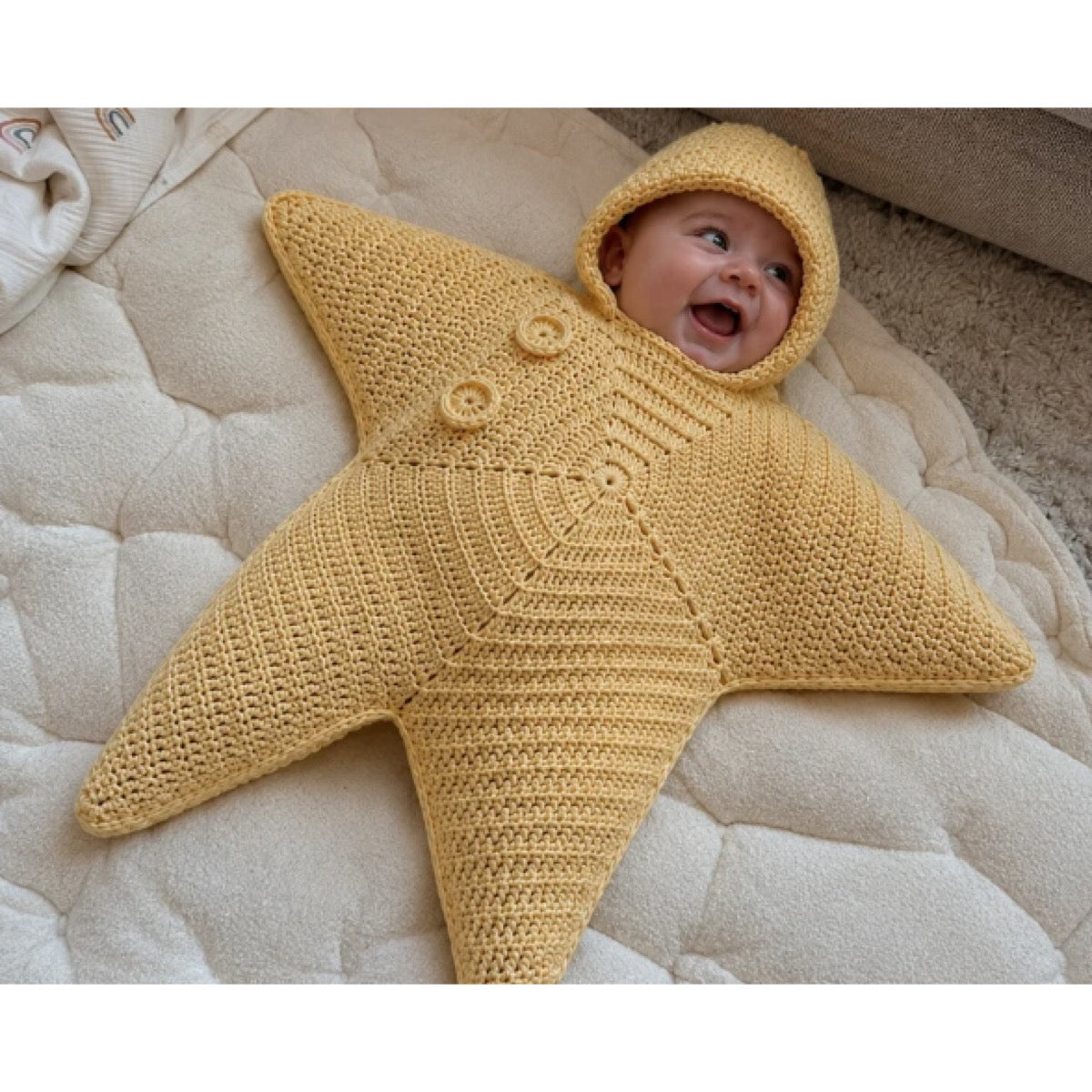 Hand-Crocheted Starfish Baby Onesie, Cozy Hooded Star Baby Dress for Photos