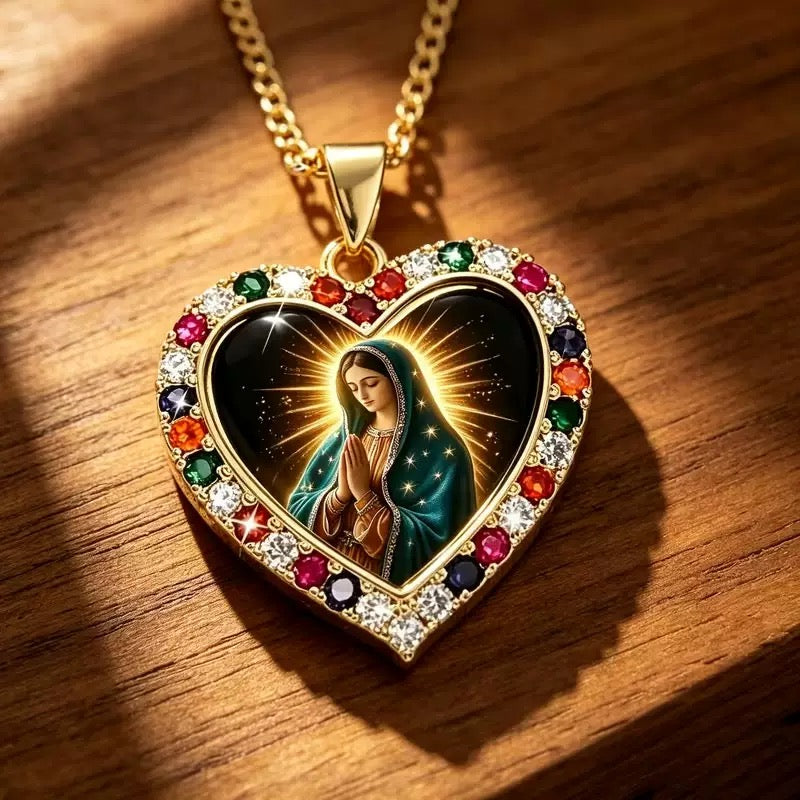 Our Lady of Guadalupe Heart Pendant Necklace, Gold-Tone Virgin Mary Catholic Jewelry, Religious Gift for Women