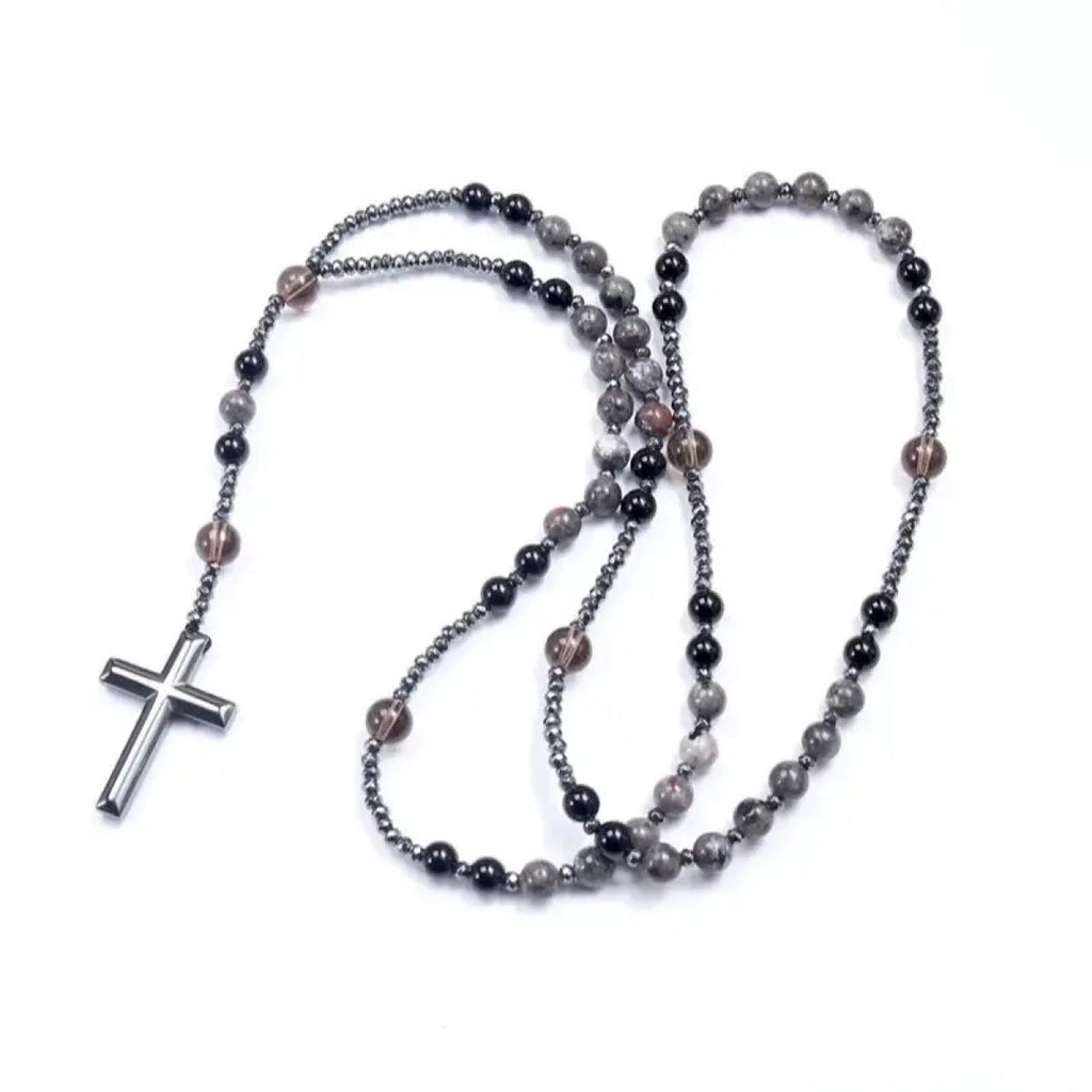 Collier croix Eclat Mystique en obsidienne et yooperlite réactive aux UV