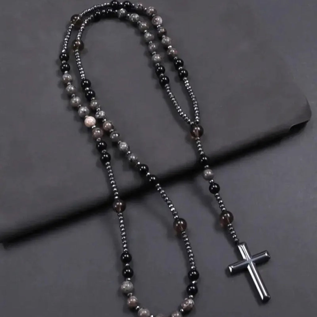Collier croix Eclat Mystique en obsidienne et yooperlite réactive aux UV