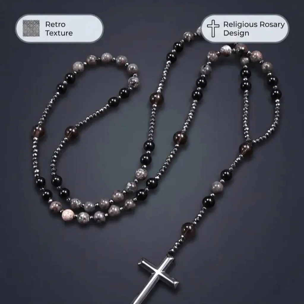 Collier croix Eclat Mystique en obsidienne et yooperlite réactive aux UV