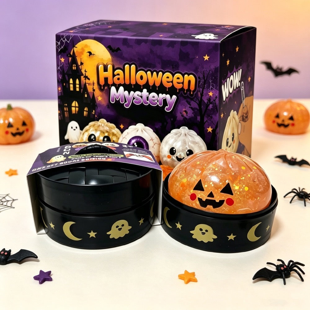 Halloween Dumpling Squishy Toy with Steamer-Style Storage Box, Slow-Rising Squeeze Toy, Spooky Sensory Party Favor & Gift