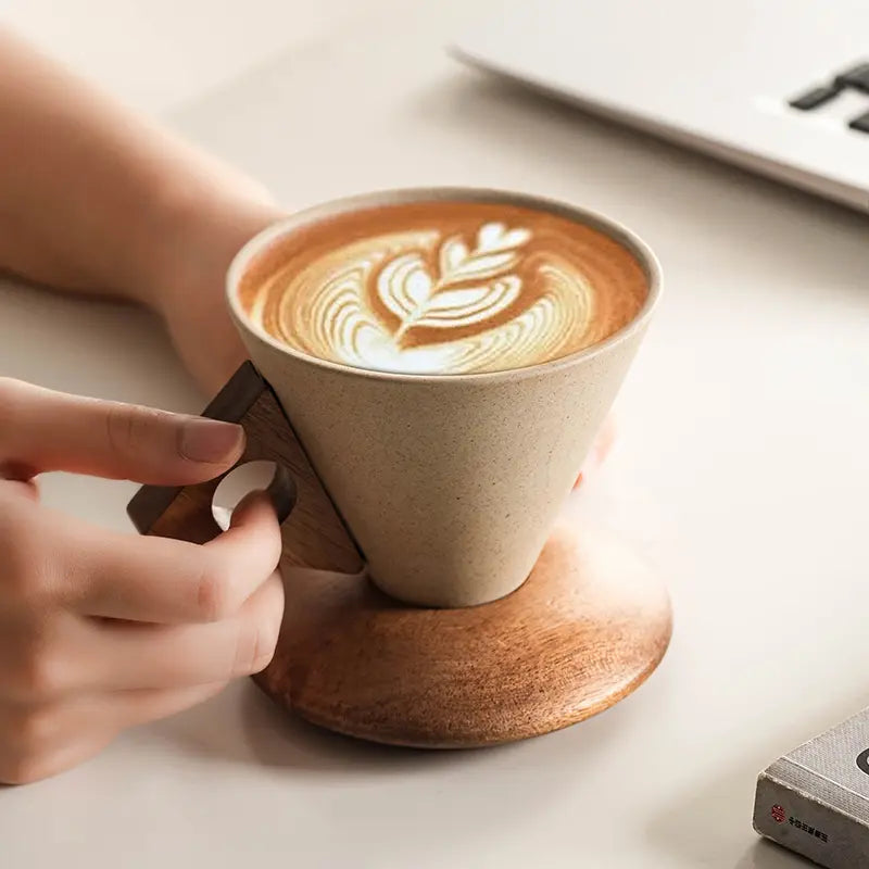 Wabisabi Conical Ceramic Coffee Cup with Acacia Wood Base