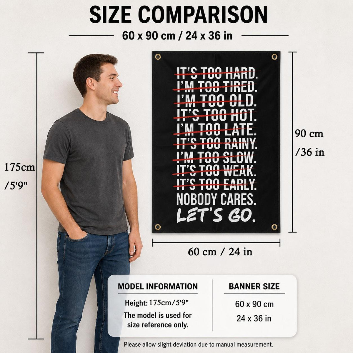 【Black Friday】Nobody Cares Let's Go Gym Motivation, Bold Black, White & Red Typography Design, 2D Single-Sided Polyester Flag with 4 Metal Grommets, Wall Decor Flag for Home Gym, Fitness Room & Dorm Wall