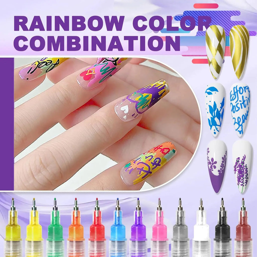 12-Color Ultra-Fine Nail Art Pen Set (0.5mm) - Waterproof & Quick Dry