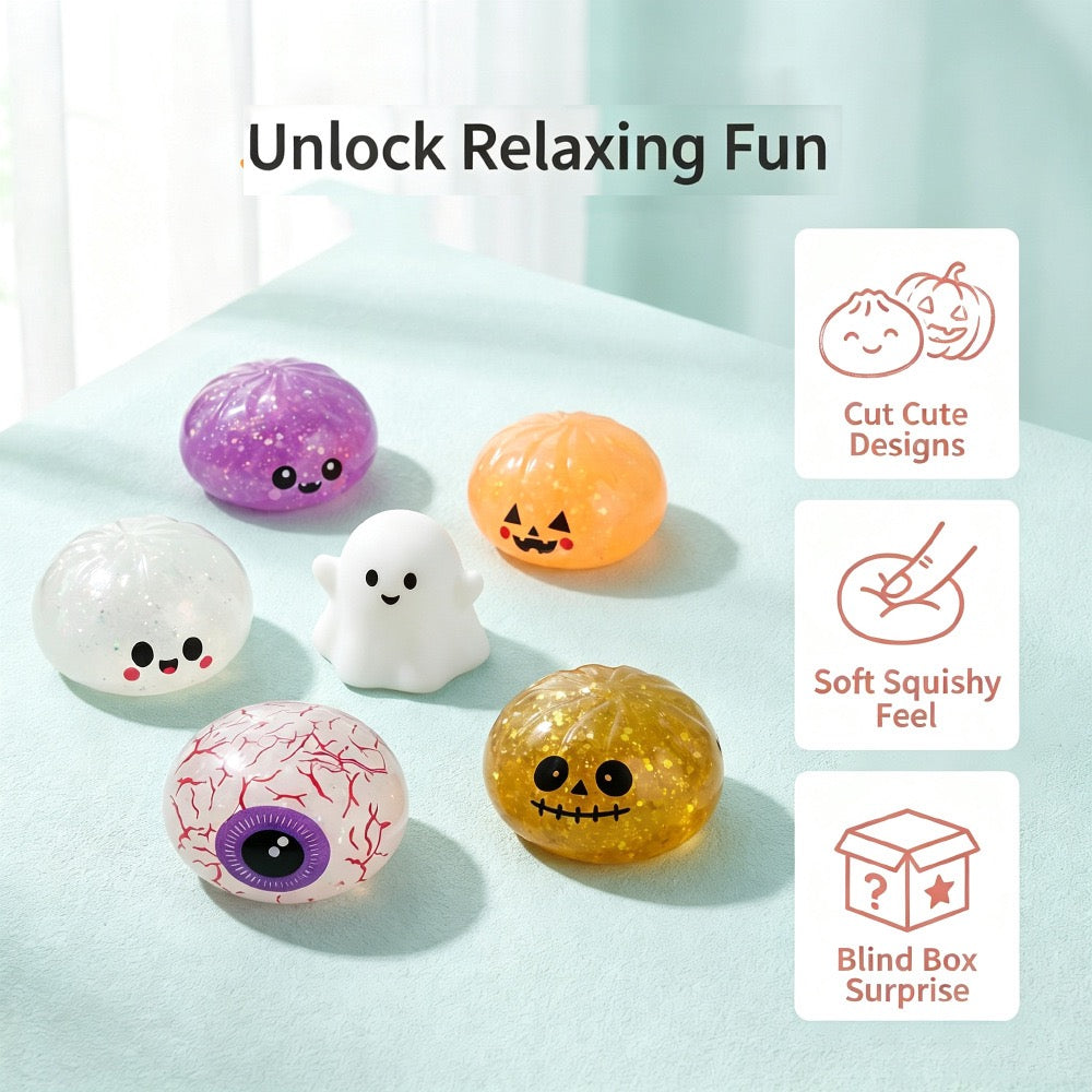 Halloween Dumpling Squishy Toy with Steamer-Style Storage Box, Slow-Rising Squeeze Toy, Spooky Sensory Party Favor & Gift