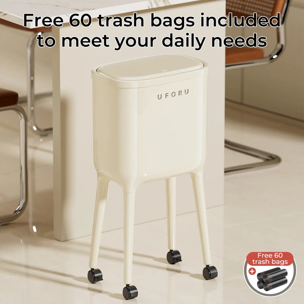 16L High-Leg Rolling Trash Can: Odor-Proof Slim Bin with 60 Free Bags