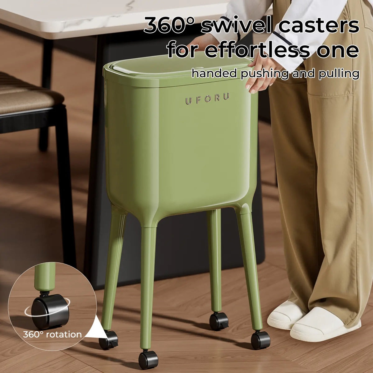 16L High-Leg Rolling Trash Can: Odor-Proof Slim Bin with 60 Free Bags