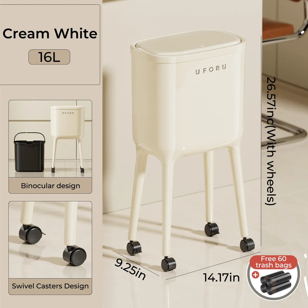 16L High-Leg Rolling Trash Can: Odor-Proof Slim Bin with 60 Free Bags