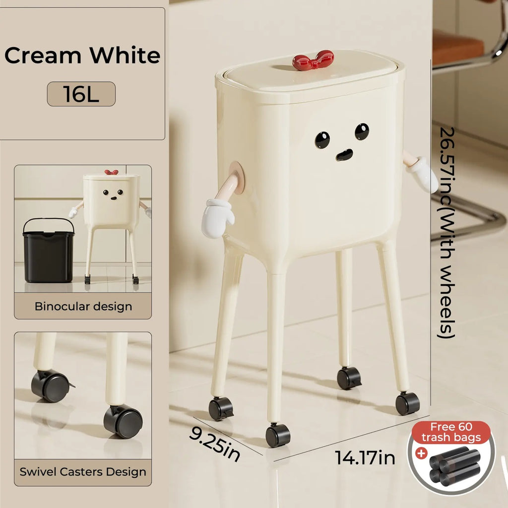16L High-Leg Rolling Trash Can: Odor-Proof Slim Bin with 60 Free Bags