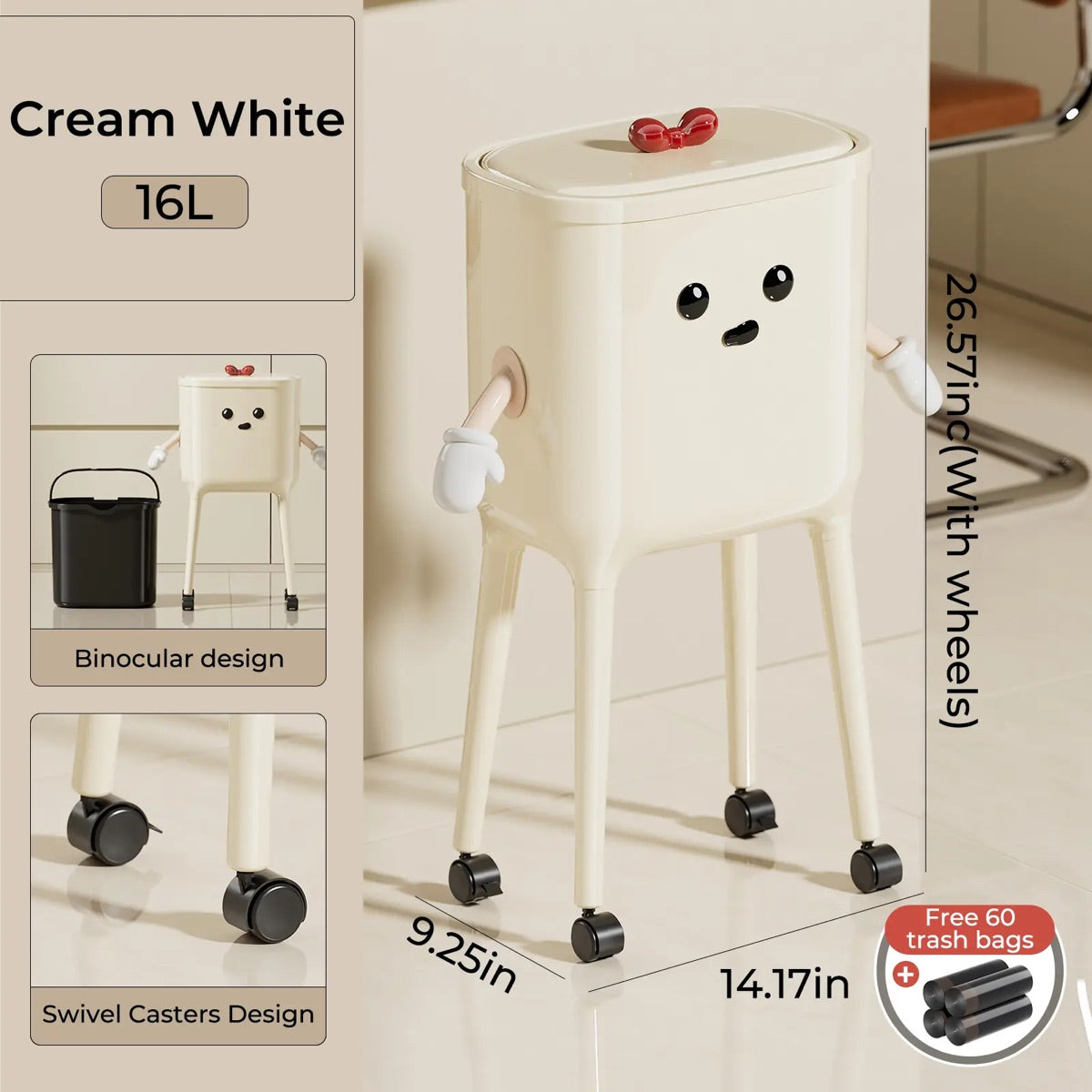 16L High-Leg Rolling Trash Can: Odor-Proof Slim Bin with 60 Free Bags
