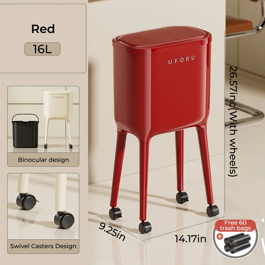 16L High-Leg Rolling Trash Can: Odor-Proof Slim Bin with 60 Free Bags
