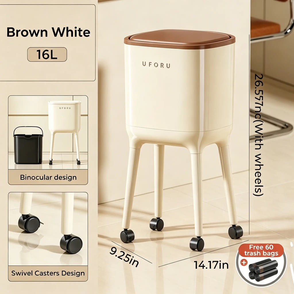 16L High-Leg Rolling Trash Can: Odor-Proof Slim Bin with 60 Free Bags