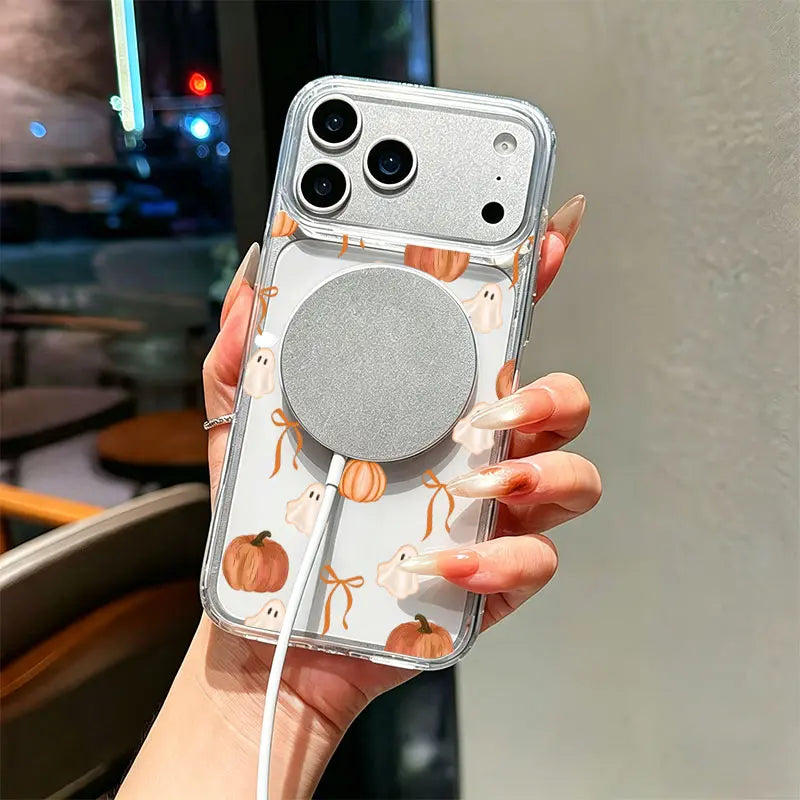 Ghost Pumpkin Orange Bow Watercolor Phone Case, Cute Fall Halloween Clear Case for iPhone 11–17, Pro, Pro Max, Plus & Air, Autumn Gift