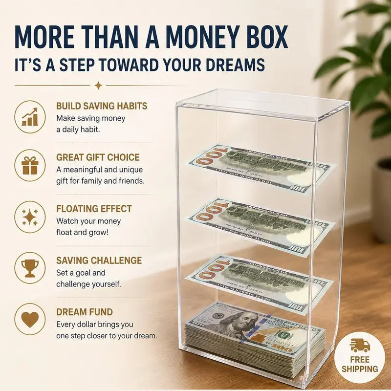 Floating savings box — holds over 1,800 bills, acrylic savings challenge box, goal tracker, satisfying floating effect, great as a gift