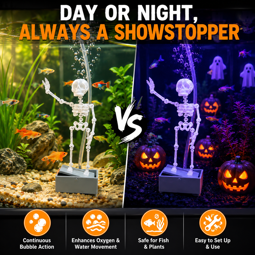 Halloween Dancing Skeleton Aquarium Decoration, Bubble-Activated Moving Fish Tank Ornament with Airflow Control Valve