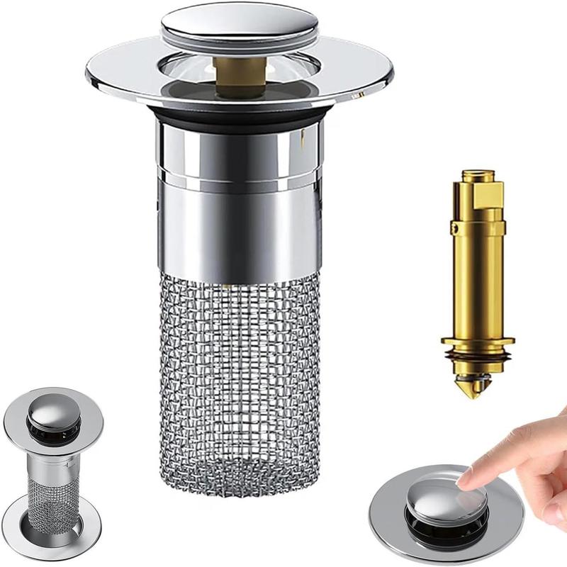 Sink Drain Filter with Stainless Steel Removable Basket, Pop-Up Drain Plug with Hair Collection Design, Bathroom Bathtub Drain Strainer for Preventing Blockages and Simplifying Maintenance
