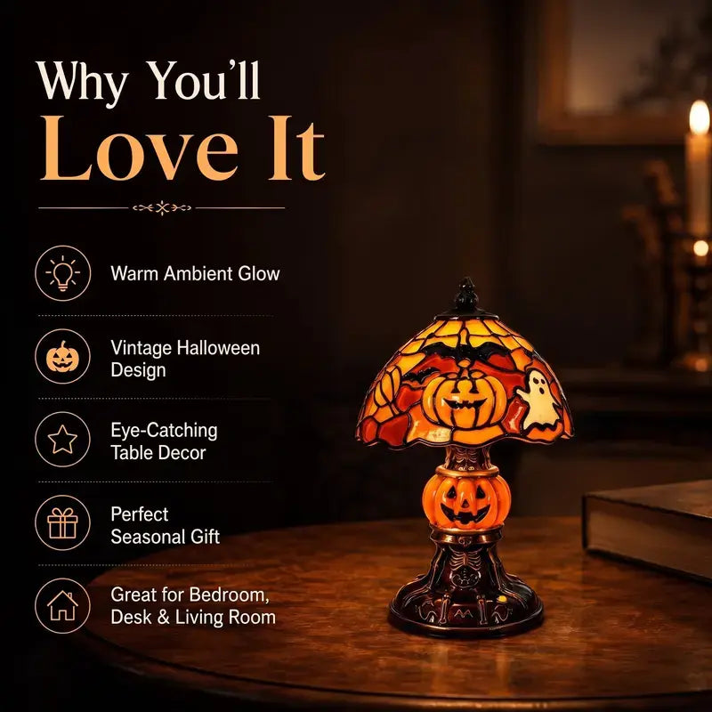 Retro Pumpkin Bat Pattern Single Desk Lamp - Vintage Glow Night Light, Nightstand-Compatible, Cozy Halloween Decor Gift, Whimsical Home Decor, Bedroom Lamp for Home Stylists