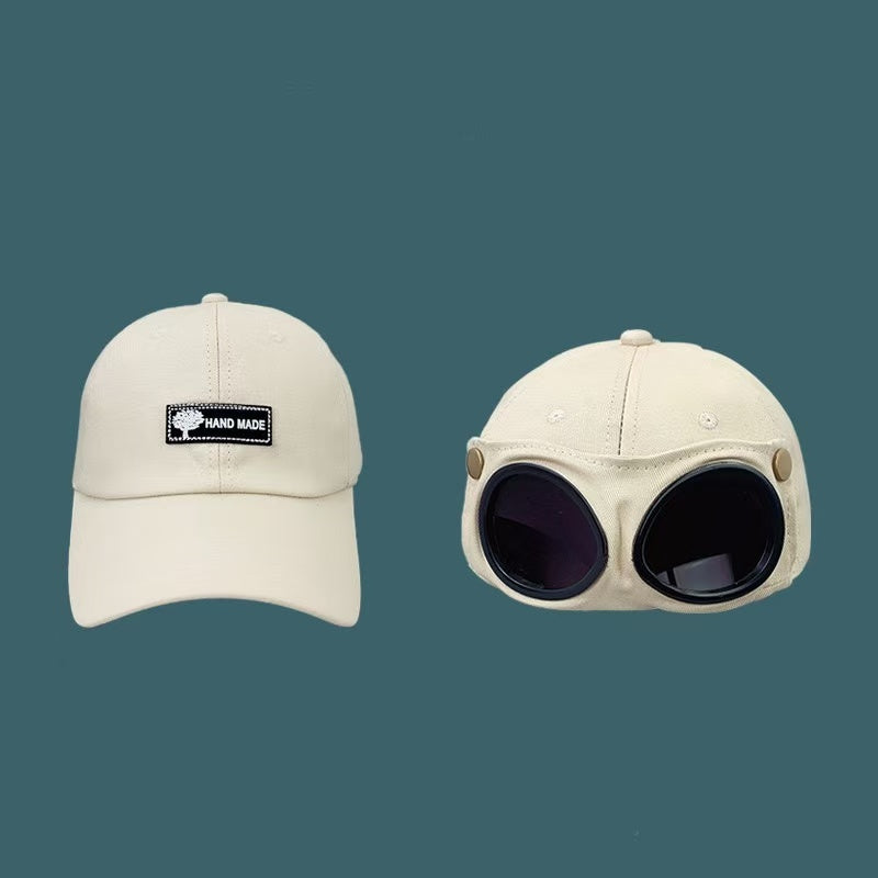 Retro Aviator Goggles Baseball Cap with Flip-Down Sunglasses, Regular & Cat Ear Styles