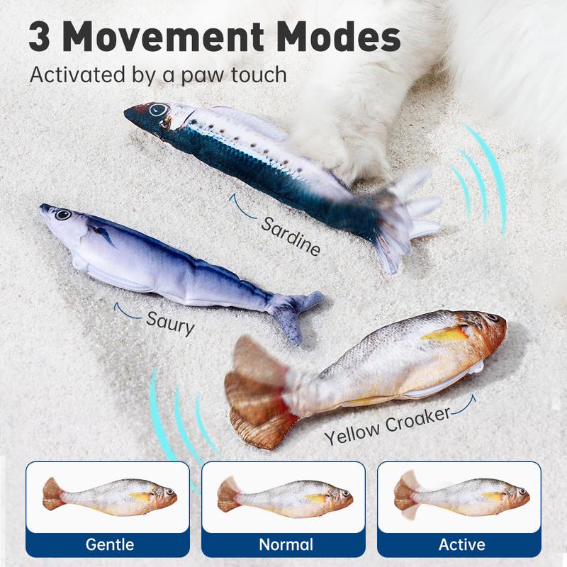 Interactive Tap-Activated Flapping Cat Toys - 3 Realistic Motion Sensor Fish with Catnip