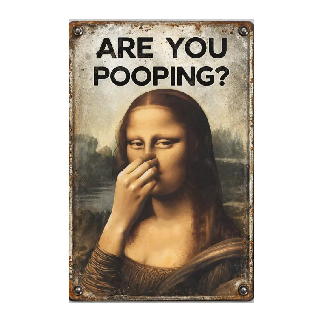 Funny Mona Lisa Metal Sign | Vintage Nose-Pinching Bathroom Decor (8x12")