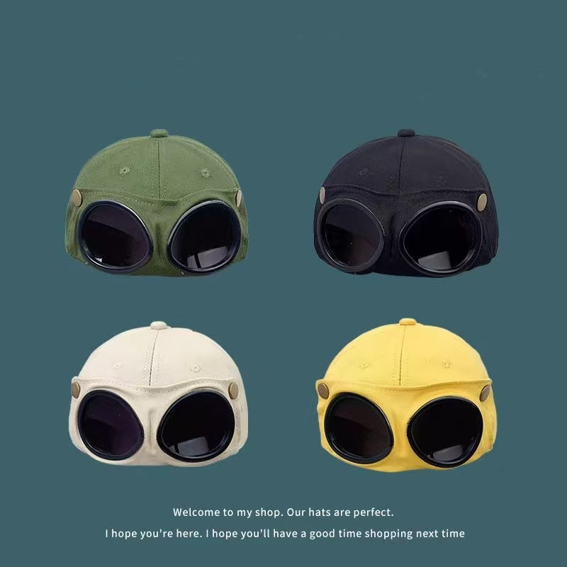Retro Aviator Goggles Baseball Cap with Flip-Down Sunglasses, Regular & Cat Ear Styles