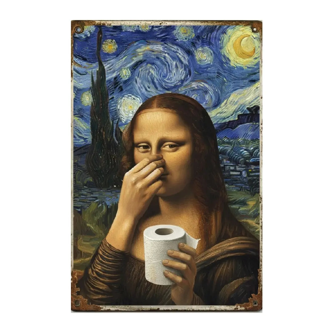 Funny Mona Lisa Metal Sign | Vintage Nose-Pinching Bathroom Decor (8x12")