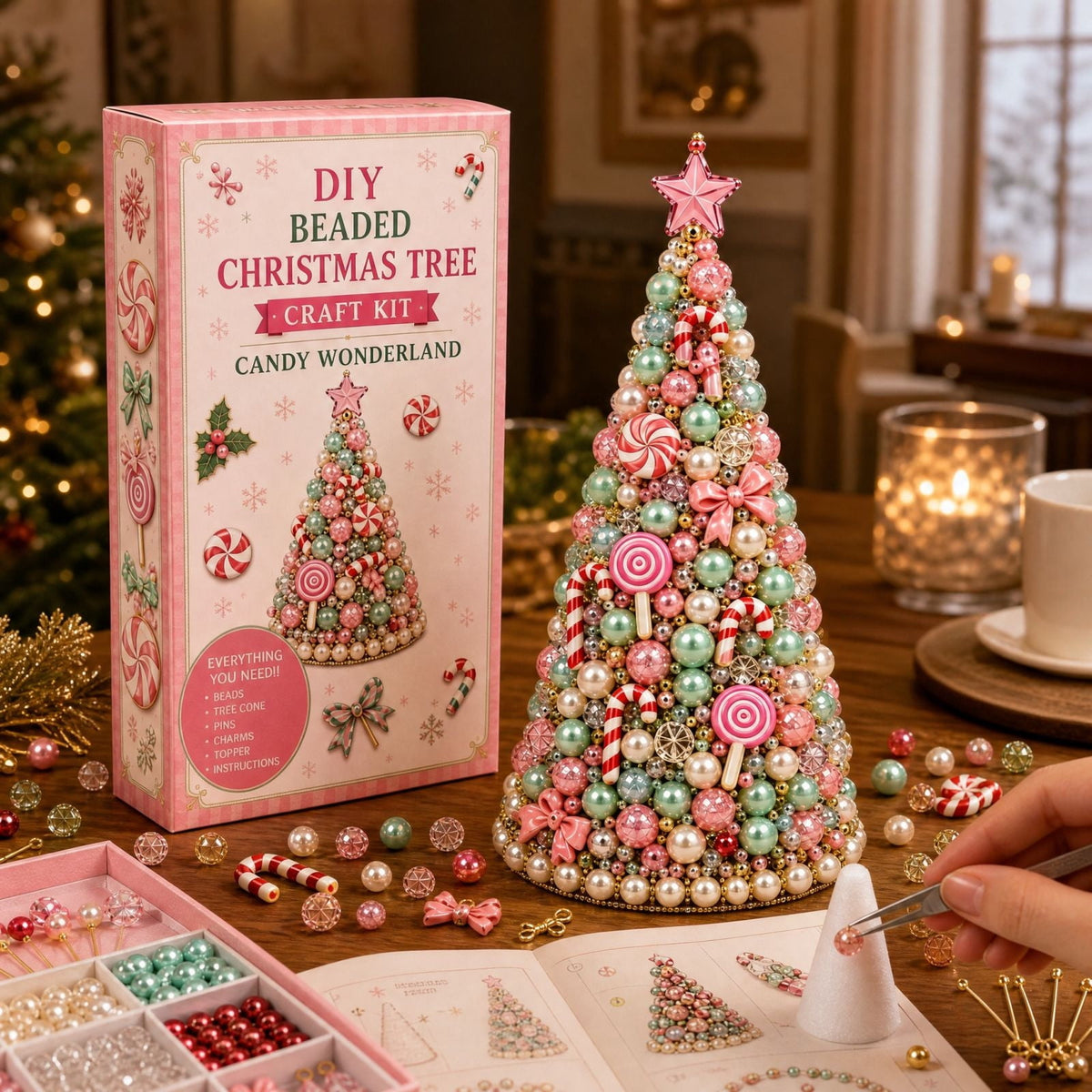 Jeweled Christmas Tree DIY Christmas Craft Christmas Decorations Beaded Christmas Tree 7.48IN All In One Handmade Christmas Table Decor Kit