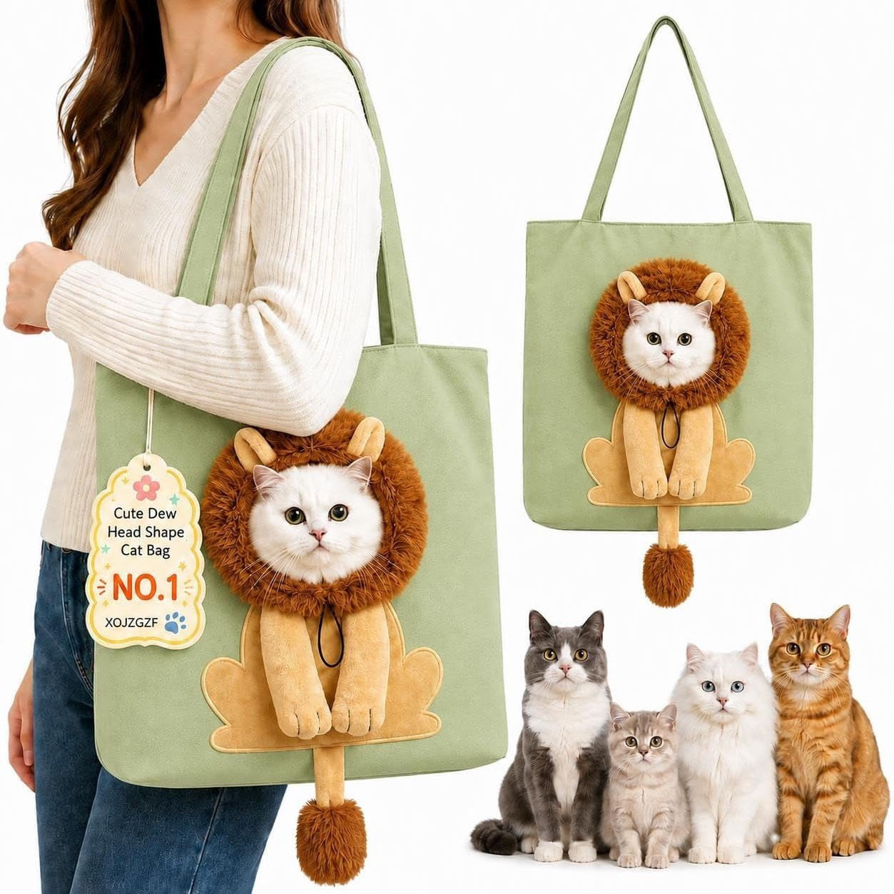 Lion-Shaped Pet Carrier Tote Bag, Head-Out Canvas Shoulder Bag for Cats & Small Dogs