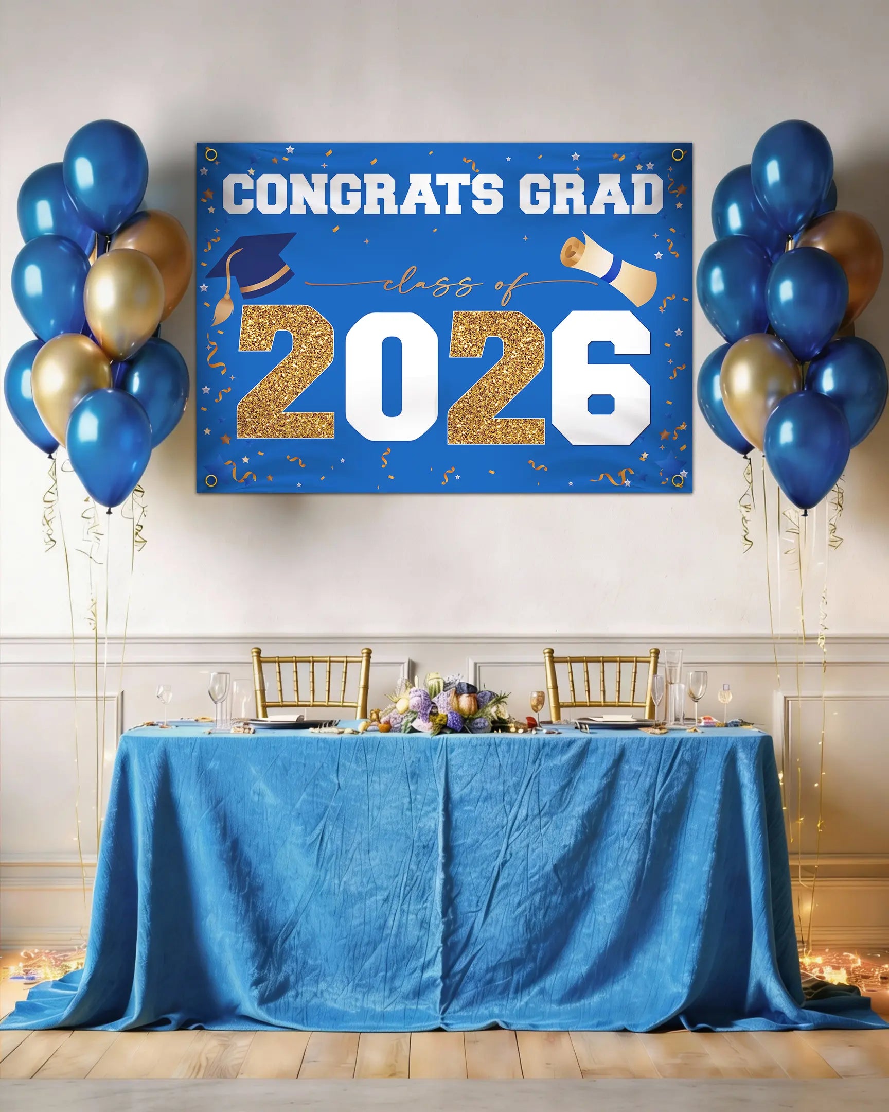 Class of 2026 Graduation Banner (47"x67") - Blue & Gold Congrats Grad Backdrop