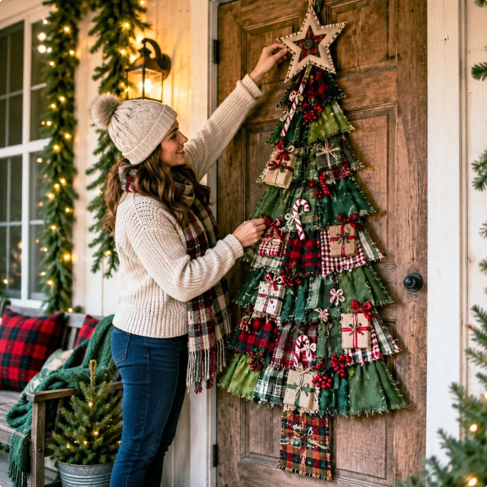DIY Oversized Patchwork Christmas Tree Door Hanger Kit, 3D Fabric Sewing & Assembly Craft Kit for Adults, Holiday Home Wall & Entryway Decor