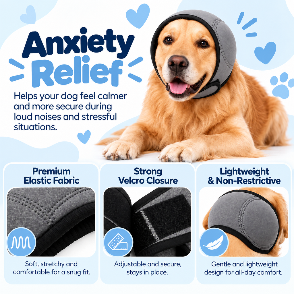 Soft Dog Noise-Reducing Ear Cover, Adjustable Calming Hood for Fireworks, Thunder & Grooming, Flexible Ear Wrap with Hook-and-Loop Closure for Small Medium Large Dogs