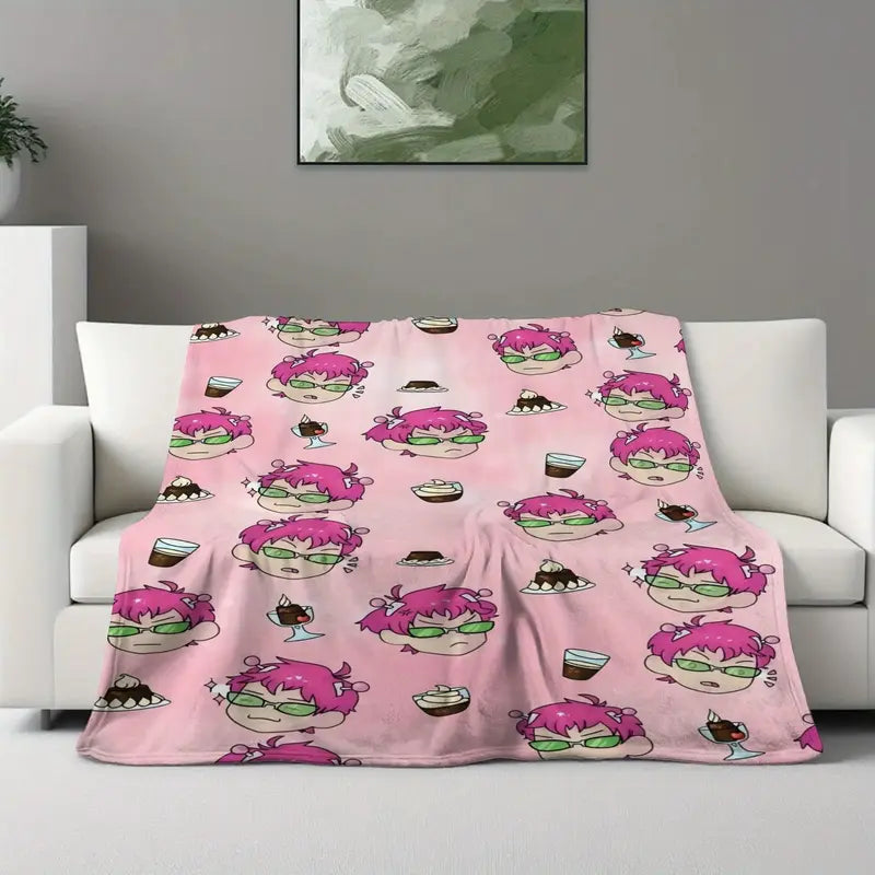 Pink-Haired Cartoon Character & Dessert Print Flannel Blanket – Soft Cozy Throw for Bed, Sofa & Gifts