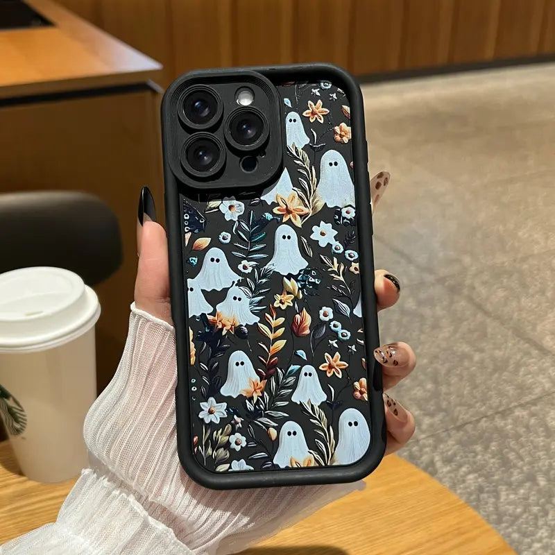 Halloween Cute Ghost Floral Phone Case for iPhone 17/16/15/14/13/12/11, Shockproof TPU Bumper with Durable Back Cover