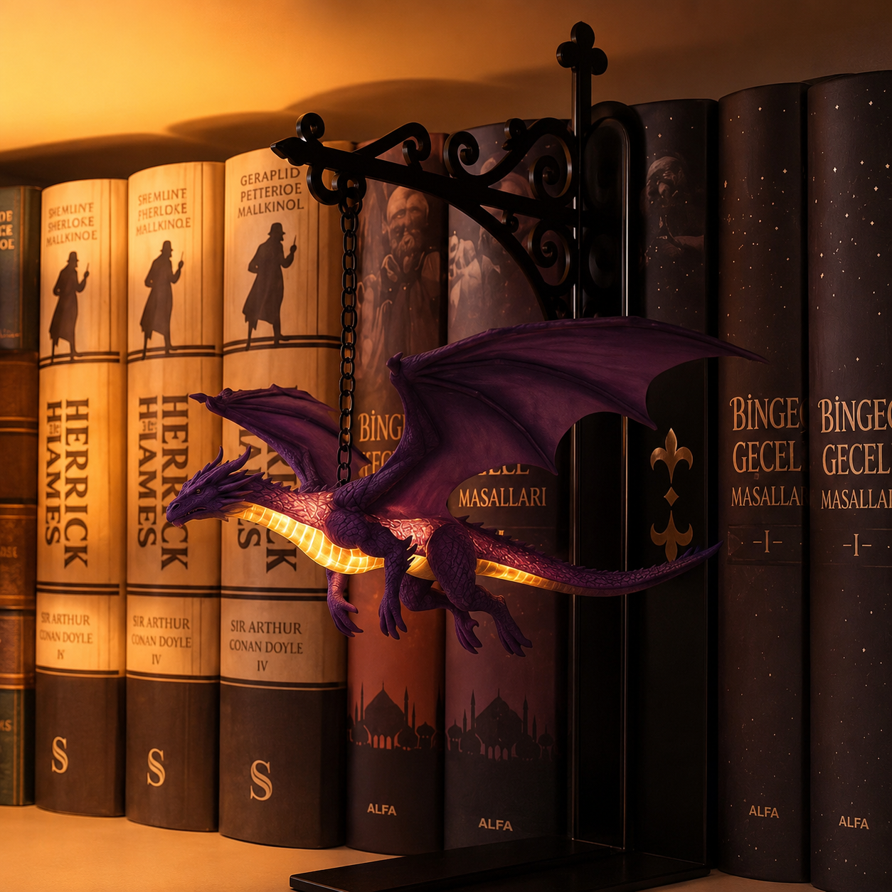 Dragon Bookshelf Lamp, Fantasy Hanging Dragon Light for Bookcase, Warm LED Nightlight, Vintage Decorative Book Shelf Light, Unique Gift for Book Lovers and Dragon Fans, Home Library Desk Decor