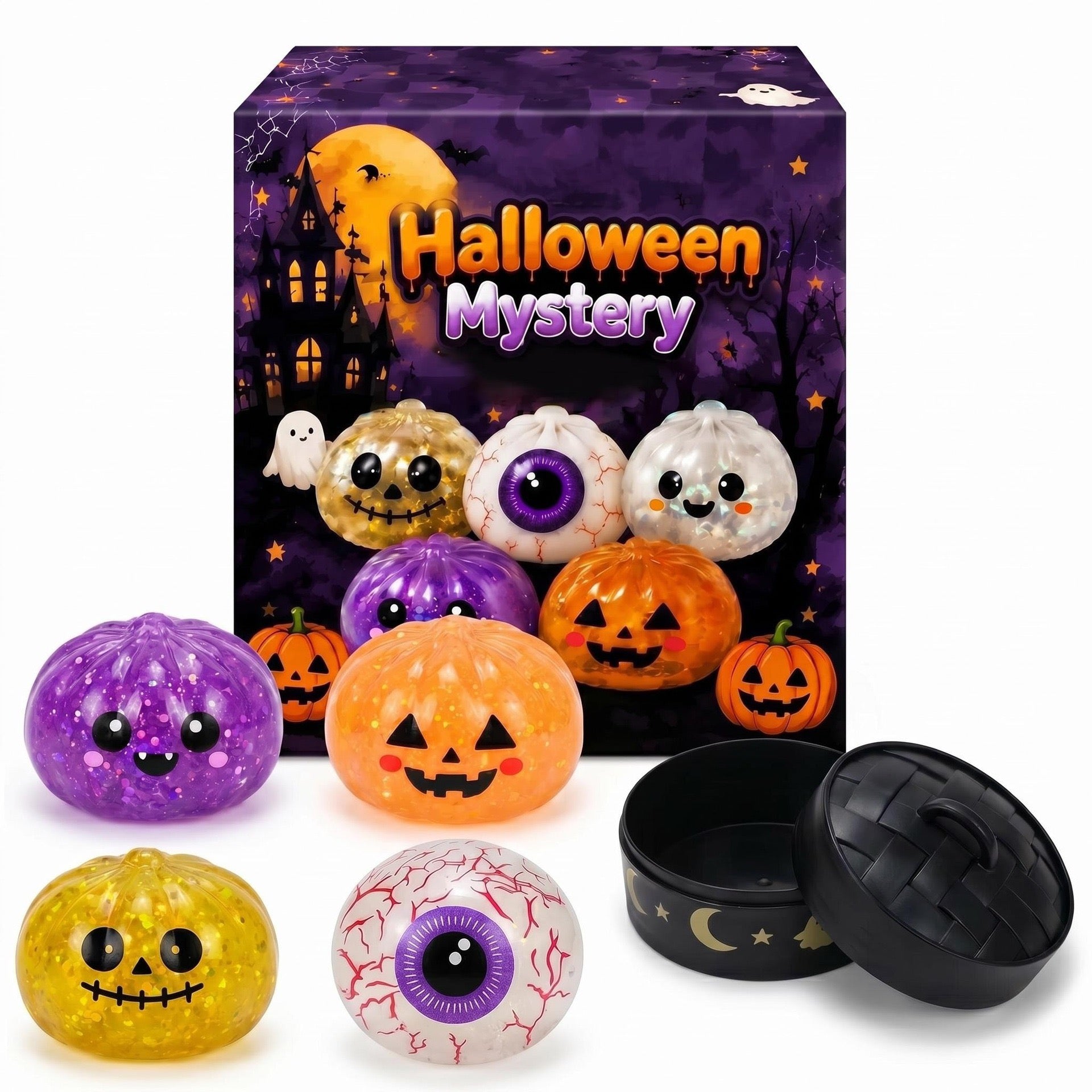Halloween Dumpling Squishy Toy with Steamer-Style Storage Box, Slow-Rising Squeeze Toy, Spooky Sensory Party Favor & Gift