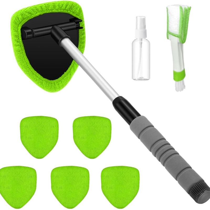 9-Piece Car Windshield Cleaning Kit with Extendable Handle, 180° Swivel Head, 6 Reusable Microfiber Pads, Vent Brush & Spray Bottle for Windows, Mirrors & Glass
