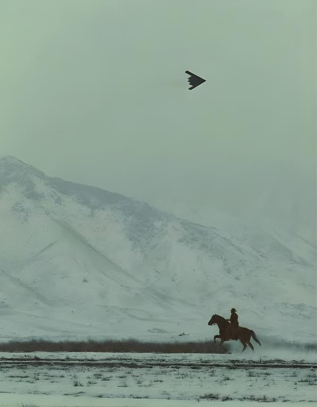 Cowboy on Horse and B2 Spirit Flying Satin Poster