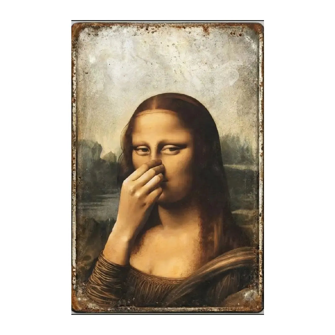 Funny Mona Lisa Metal Sign | Vintage Nose-Pinching Bathroom Decor (8x12")