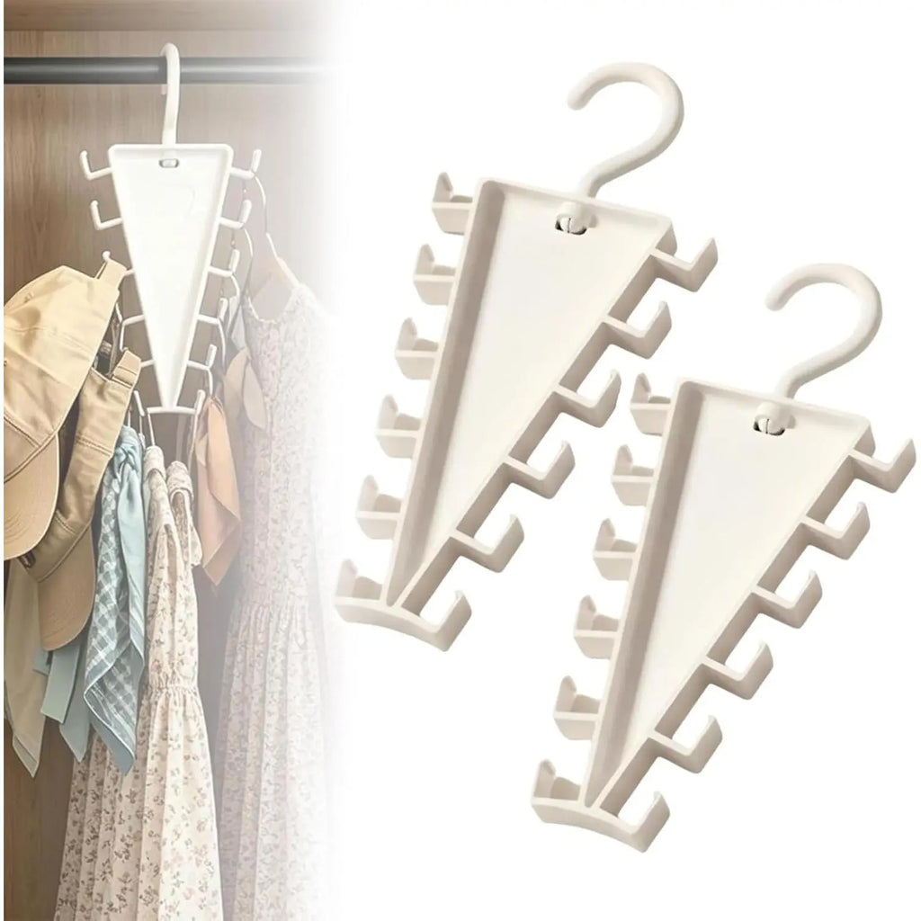 White 12-hook rotating closet organizer holding garments in a wardrobe
