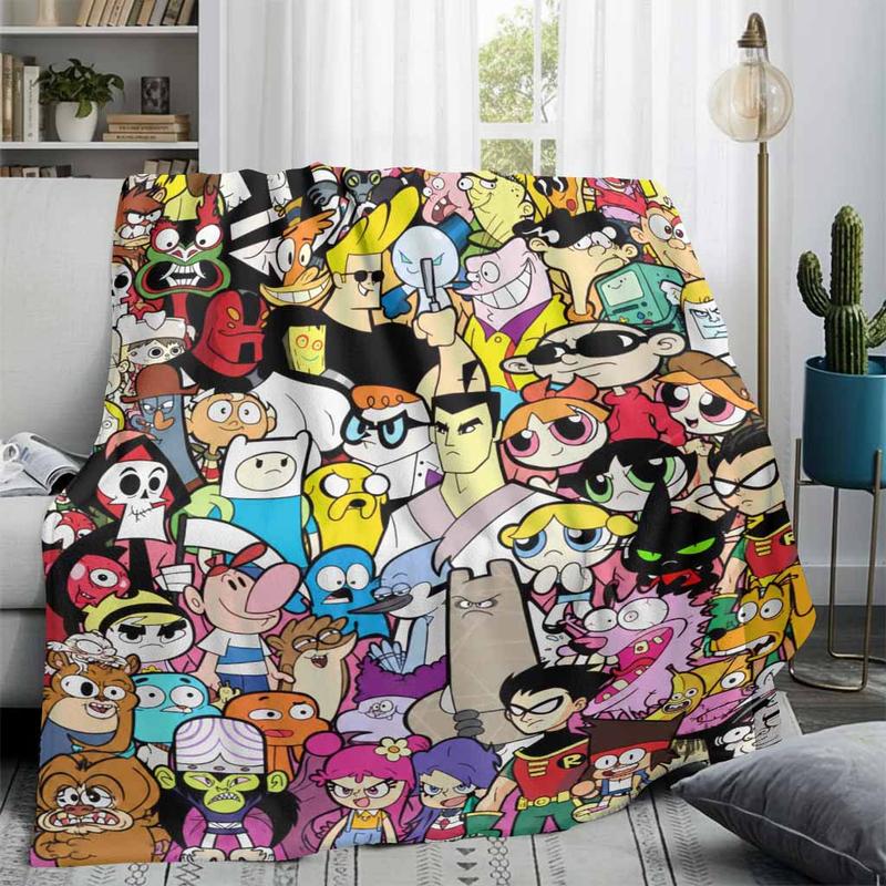 Retro Cartoon Character Flannel Blanket - Classic Animation Collage Print, Flannel Fabric, Multi-Size, Wrinkle Resistant, Anti-Pilling, Soft, Cozy, Lightweight, Durable Indoor/Outdoor Throw for Sofa, Bedroom, Gift Use, Home Office