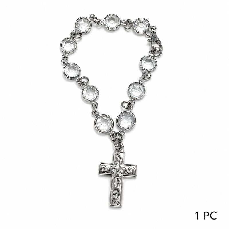 Faith-Inspired Crystal Cross Car Steering Wheel Charm, Silver Tone Beaded Hanging Ornament, Spiritual Blessing Symbol Auto Interior Decor, Meaningful Gift for Drivers