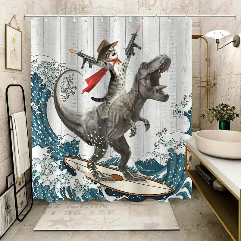 Dinosaur and Cat Pattern Removable Shower Curtain, Waterproof Bathroom Curtain with 12 Hooks